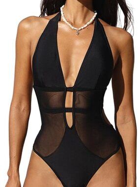 Cupshe Black Mesh Halter One-Piece Swimsuit